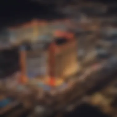 Nighttime aerial shot of Resorts World Las Vegas illuminated